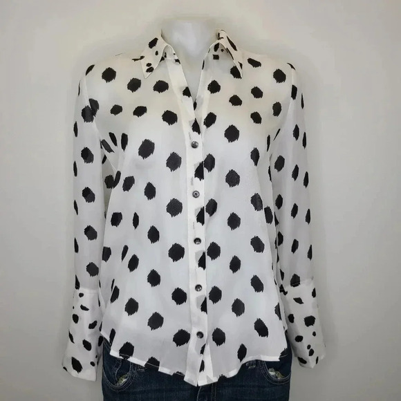 L'Agence Nina 100% Silk Black White Ivory Polka Dot Semi Sheer Blouse Top XS - Picture 1 of 12
